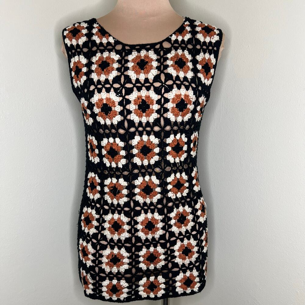 En Creme Crochet Top Small Womens Granny Square Black Orange Boho Cottage Hippie